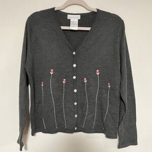 Pierre cardin grey cardigan with buttons flower embroidered size large